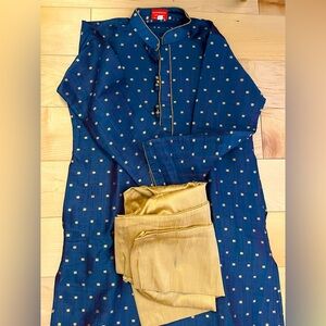 Almost-new blue and gold Kurta Pajama set for boys aged 9-10.